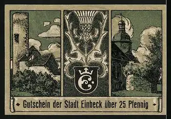 Notgeld Einbeck 1920, 25 Pfennig, Arzt mit Morphium, Turm und Kirche