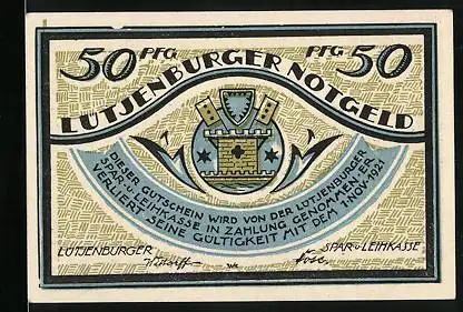 Notgeld Lütjenburg, 50 Pfennig, Stadtwappen, Auszug der Lütjenburger