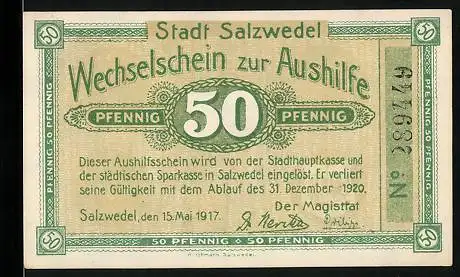 Notgeld Salzwedel 1917, 50 Pfennig, Unterschrift Magistrat D. Rerika