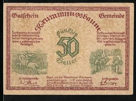 Notgeld Krummnussbaum 1920, 50 Heller, Grosser Baum, Ritter zu Pferd