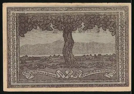 Notgeld Krummnussbaum 1920, 50 Heller, Grosser Baum, Ritter zu Pferd