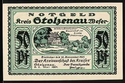 Notgeld Stolzenau 1921, 50 Pfennig, Niedersächsischer Bauernhof