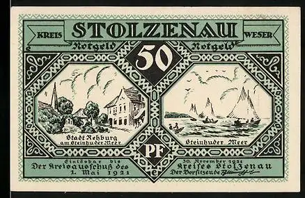 Notgeld Stolzenau 1921, 50 Pfennig, Steinhuder Meer, Stadt Rehburg