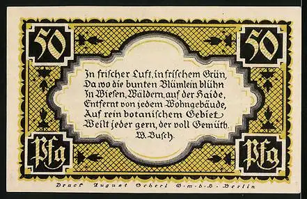 Notgeld Stolzenau 1921, 50 Pfennig, Wesermarsch, Zitat W. Busch