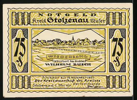 Notgeld Stolzenau 1921, 75 Pfennig, Menschen beim Trinken, Wiedensahl