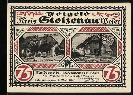 Notgeld Stolzenau 1921, 75 Pfennig, Elternhaus von Wilhelm Busch, Menschen teilen ihr Essen