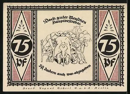 Notgeld Stolzenau 1921, 75 Pfennig, Elternhaus von Wilhelm Busch, Menschen teilen ihr Essen