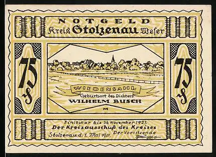 Notgeld Stolzenau 1921, 75 Pfennig, Wiedensahl, Geburtsort Wilhelm Buschs