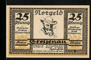 Notgeld Stolzenau 1921, 25 Pfennig, Alter Mann mit Hut, Schwindler