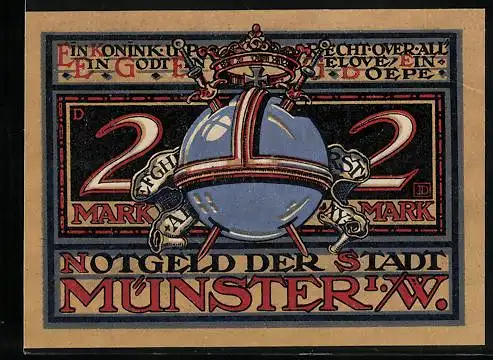 Notgeld Münster 1921, 2 Mark, Schwerter durchstechen Perle, König