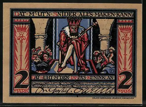 Notgeld Münster 1921, 2 Mark, Schwerter durchstechen Perle, König