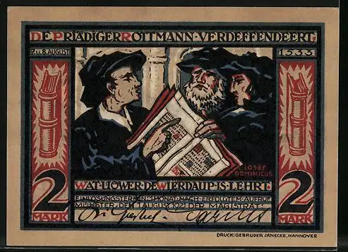 Notgeld Münster 1921, 2 Mark, Ian Bockelson mit Stab, Prädiger