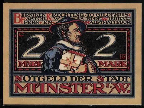 Notgeld Münster 1921, 2 Mark, Pastor mit Bibel, das Erschiessen