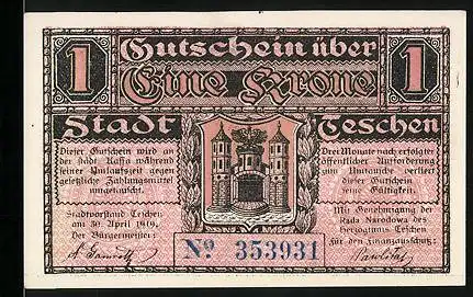 Notgeld Teschen 1919, 1 Krone, Stadtwappen, tschechische Sprache