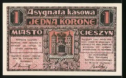 Notgeld Teschen 1919, 1 Krone, Tschechische Sprache, Stadtwappen