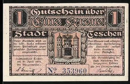 Notgeld Teschen 1919, 1 Krone, Stadtwappen, rückseitig Tschechisch