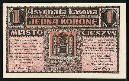 Notgeld Teschen 1919, 1 Krone, Stadtwappen, rückseitig Tschechisch
