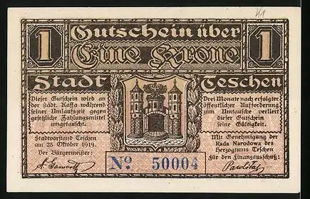 Notgeld Teschen 1919, 1 Krone, Stadtwappen