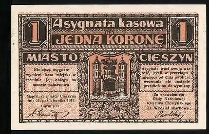 Notgeld Teschen 1919, 1 Krone, Unterschrift Bürgermeister, Stadtwappen