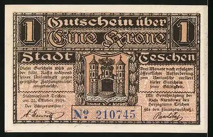 Notgeld Teschen 1919, 1 Krone, Unterschrift Bürgermeister, Stadtwappen