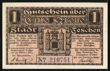 Notgeld Teschen 1919, 1 Krone, Stadtwappen, Unterschrift vom Bürgermeister
