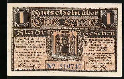 Notgeld Teschen 1919, 1 Krone, Stadtwappen