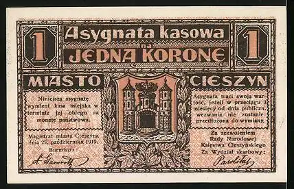 Notgeld Teschen 1919, 1 Krone, Stadtwappen