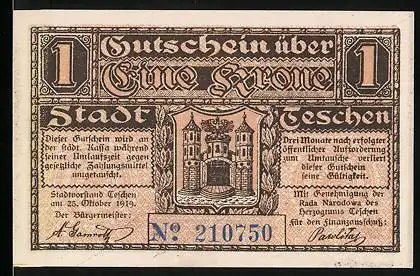 Notgeld Teschen 1919, 1 Krone, Rückseitig Tschechisch, Stadtwappen