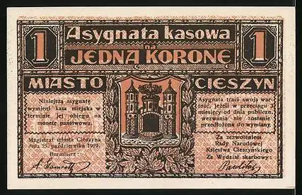 Notgeld Teschen 1919, 1 Krone, Rückseitig Tschechisch, Stadtwappen