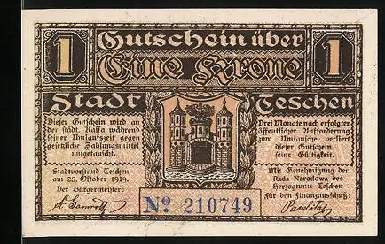 Notgeld Teschen 1919, 1 Krone, Unterschrift vom Bürgermeister und Finanzausschuss, Stadtwappen