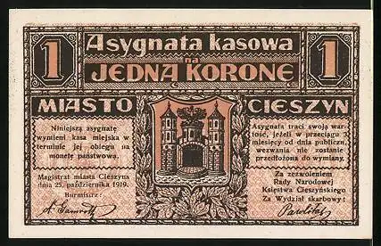 Notgeld Teschen 1919, 1 Krone, Unterschrift vom Bürgermeister und Finanzausschuss, Stadtwappen