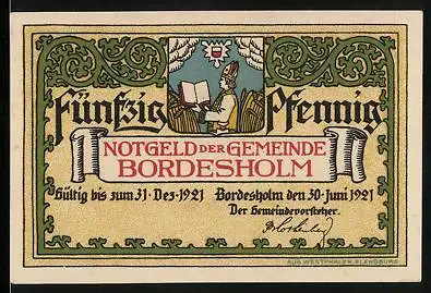 Notgeld Bordesholm 1921, 50 Pfennig, Geistlicher mit Bibel, Mönche