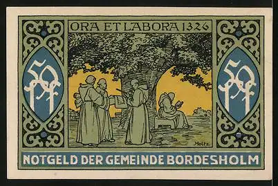 Notgeld Bordesholm 1921, 50 Pfennig, Geistlicher mit Bibel, Mönche