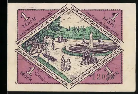 Notgeld Bad Oeynhausen, 1 Mark, Kurhaus, Gartenanlage