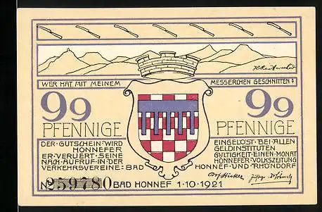 Notgeld Bad Honnef 1921, 99 Pfennig, Stadtwappen, Karl Simrorts Haus