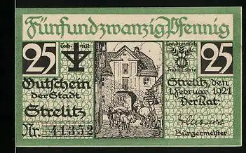 Notgeld Strelitz 1921, 25 Pfennig, Strassenpartie, Alter Mann mit Glocke