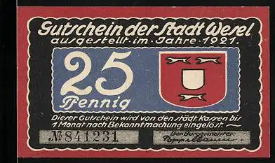 Notgeld Wesel 1921, 25 Pfennig, Stadtwappen, Segelschiff