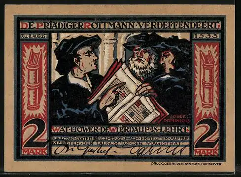 Notgeld Münster 1921, 2 Mark, Geistlicher mit Stab, Prediger mit Buch