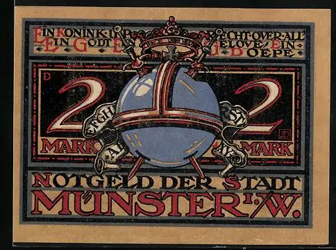 Notgeld Münster 1921, 2 Mark, Schwerter und Krone, König