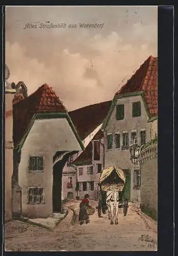 Künstler-AK Warendorf, Strassenpartie mit Kutsche