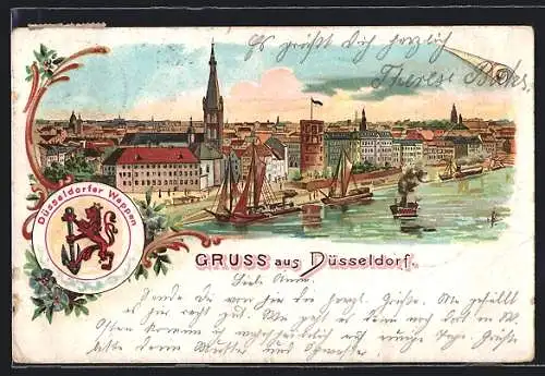 Lithographie Düsseldorf, Teilansicht mit Kirche, Wappen