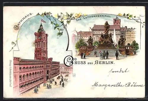 Lithographie Berlin, Lutherdenkmal, Neuer Markt, Rotes Rathaus