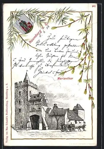 Lithographie Naumburg a. S., Marientor, Pferdewagen, Wappen