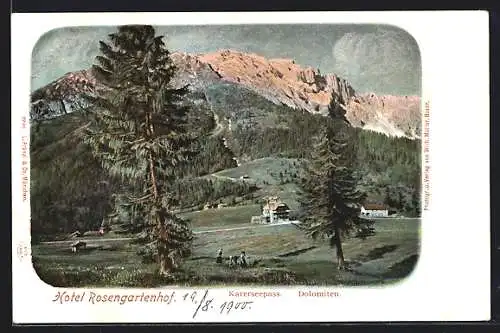 AK Karersee, Alpenpanorama mit Hotel Rosengartenhof