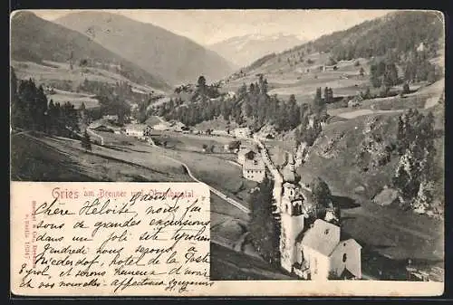 AK Gries am Brenner, Ortsansicht mit Kirche und Obernbergtal