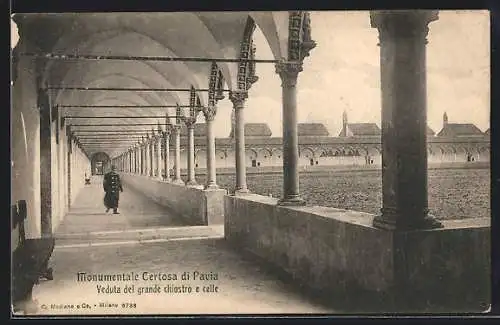 AK Certosa di Pavia, Veduta del grande chiostro e celle