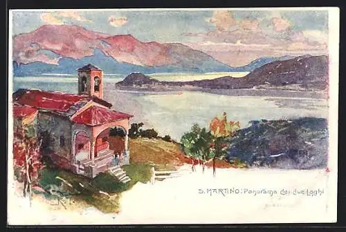 Lithographie Griante, Chiesa di San Martino, Panorama dei due Laghi