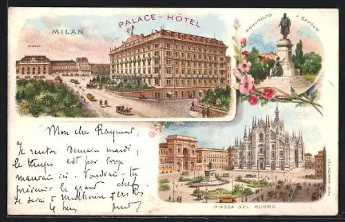 Lithographie Milan, Palace-Hôtel, Station, Monumento Cavour, Piazza del Duomo, Kutsche