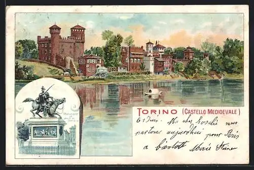 Lithographie Torino / Turin, Castello Medioevale, Monumento al Duca di Genova