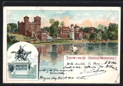 Lithographie Torino / Turin, Castello Medioevale, Monumento al Duca di Genova